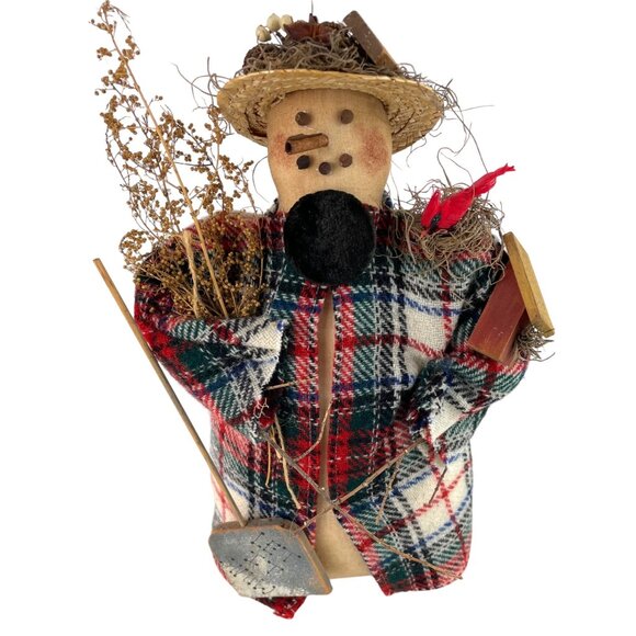 Handmade Rustic Country Christmas Winter Snowman Stump Doll Decor Let it Snow - Picture 12 of 16